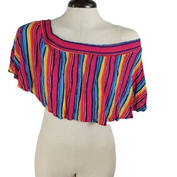 Show me your MuMu rainbow Off Shoulder stripe crop top. Womens Small - Picture 1 of 7